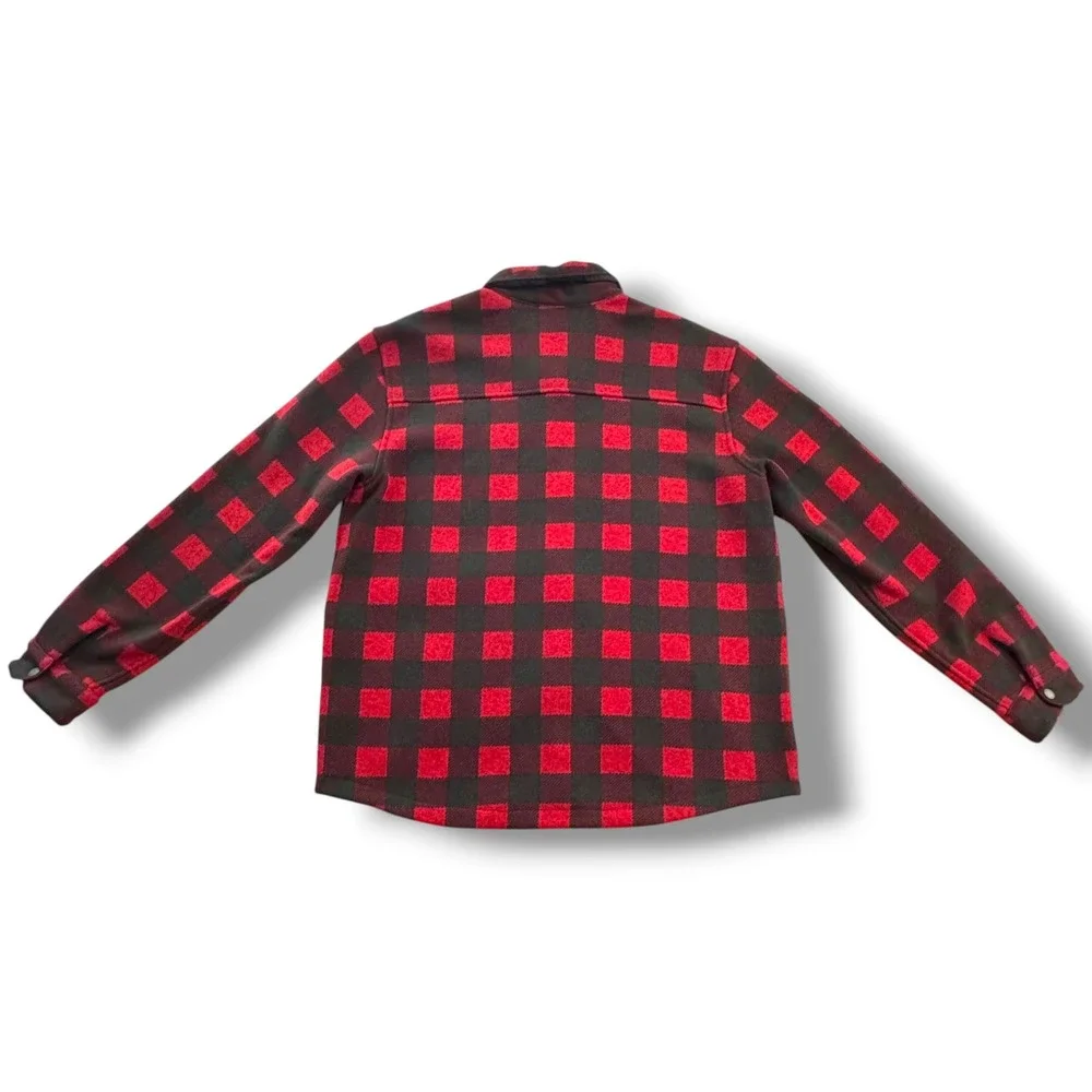LL Bean Mens XL Plaid Flannel Shirt Jacket Red Black Slightly Fitted Snap Front‎